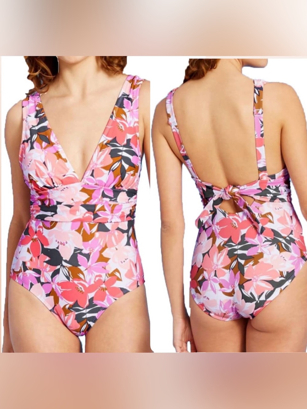 Kona Sol Pink Floral V-Neck One-Piece Swimsuit